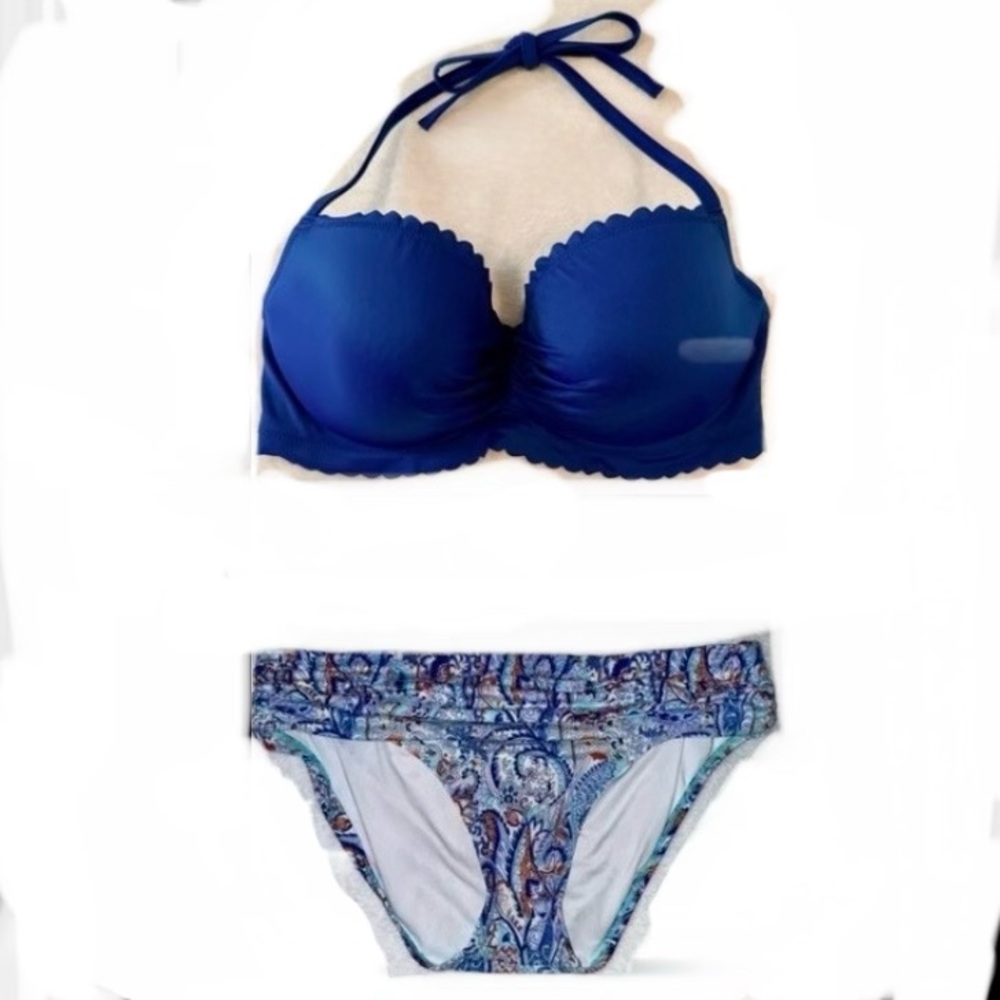 Victoria’s Secret Blue Bikini Swim Set Top Push-Up Bra 36D Bikini Bottom Large